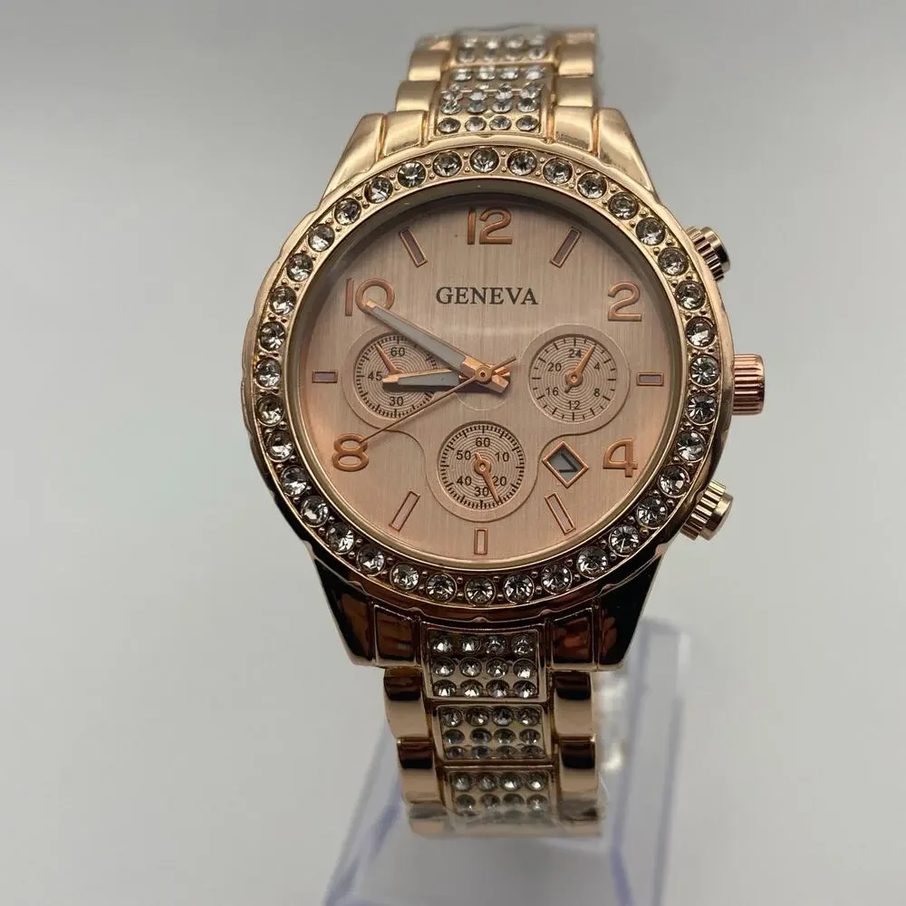 Elegant Geneva Platinum Rose Gold Crystal Bezel Watch New Battery